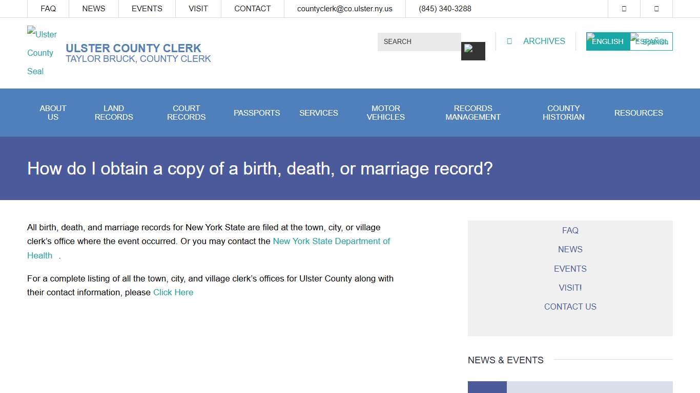 How do I obtain a copy of a birth, death, or marriage record? Ulster County Clerk
